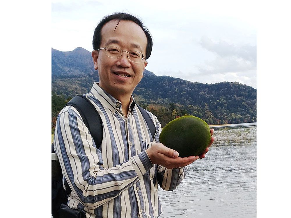 Associate Prof. Yi-Sheng Cheng is holding a marimo (moss ball) from Lake Akan, a World’s Natural Heritage Site.