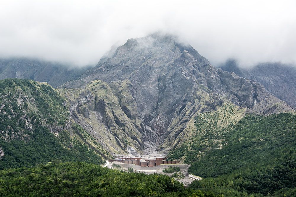 Construction of concrete check dams to the south of Sakurajima volcano.
