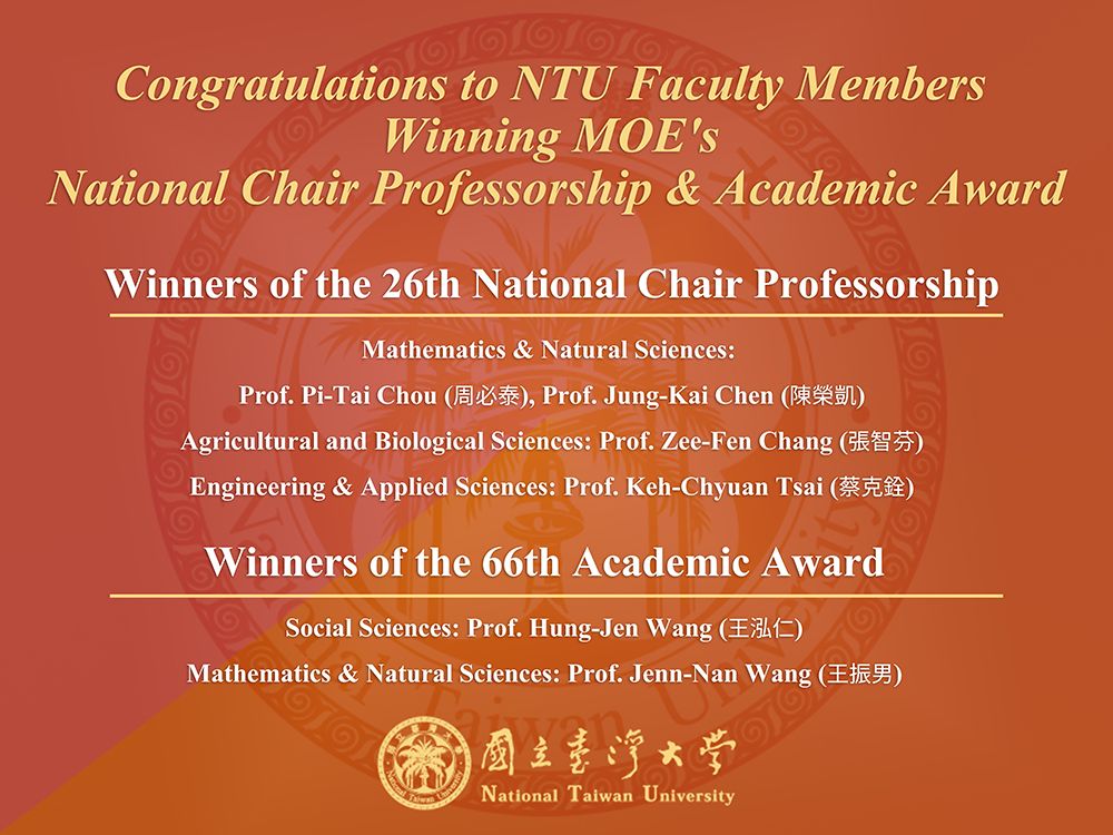 Image1:NTU Faculty Awarded National Chair Professorships and Academic Awards.