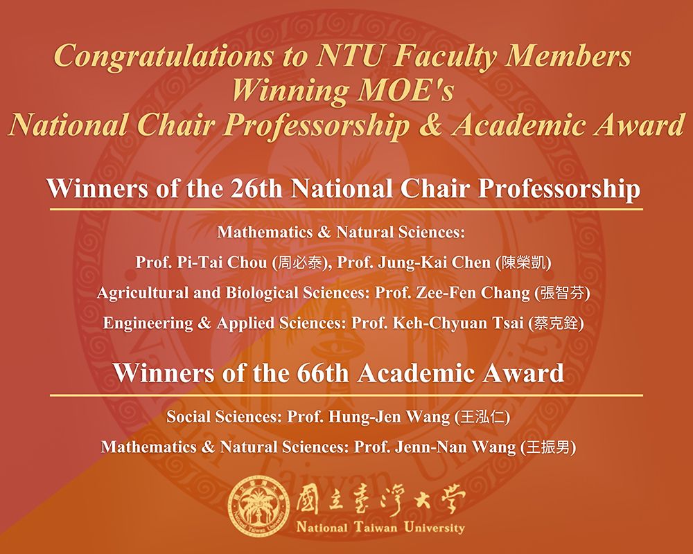 NTU Faculty Awarded National Chair Professorships and Academic Awards