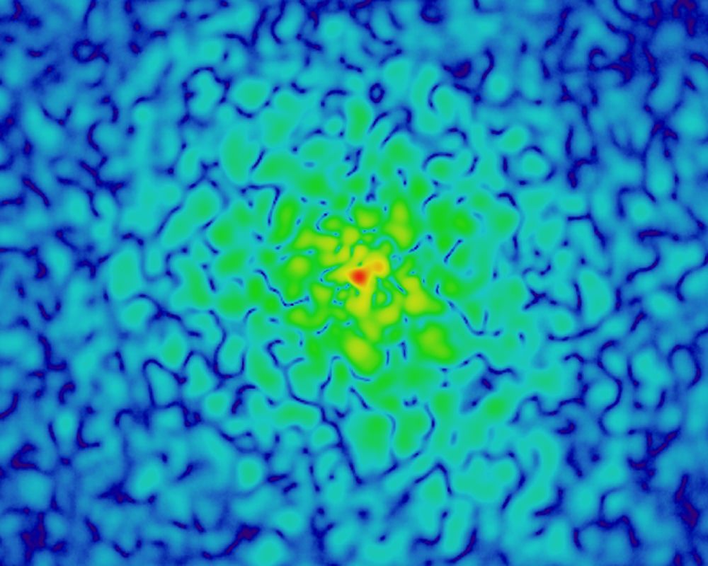 極輕暗物質電腦模擬中的暗物質暈(dark matter halo)，孤立子位為中心高密度的紅色區域。