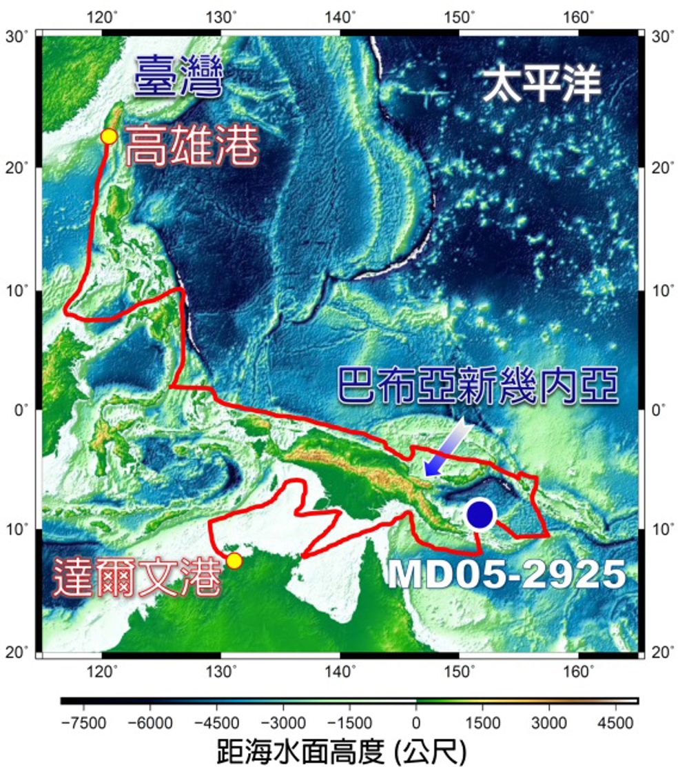 2005年6月從高雄港到達爾文港，航行一萬五千公里 (紅線)，在巴布亞新幾內亞東緣附近，由我國古氣候學家主導鑽取本研究的海洋岩芯MD-05-29295 (藍圈)。