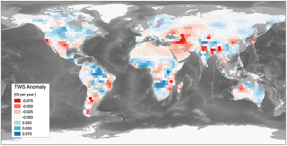 GRACE 所觀測到的陸地水含量的趨勢變化從2002到2014年