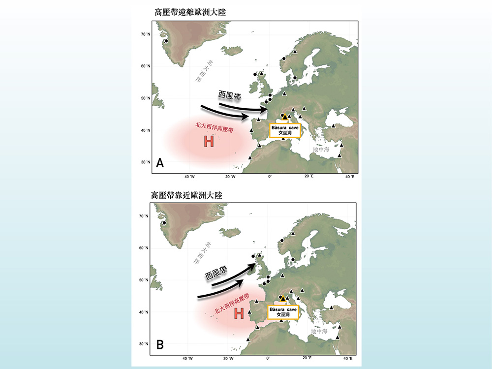 圖1:大西洋高壓帶，西風帶，及研究地點女巫洞。三角形與圓形符號是本研究中所用到的氣候資料來源地點。