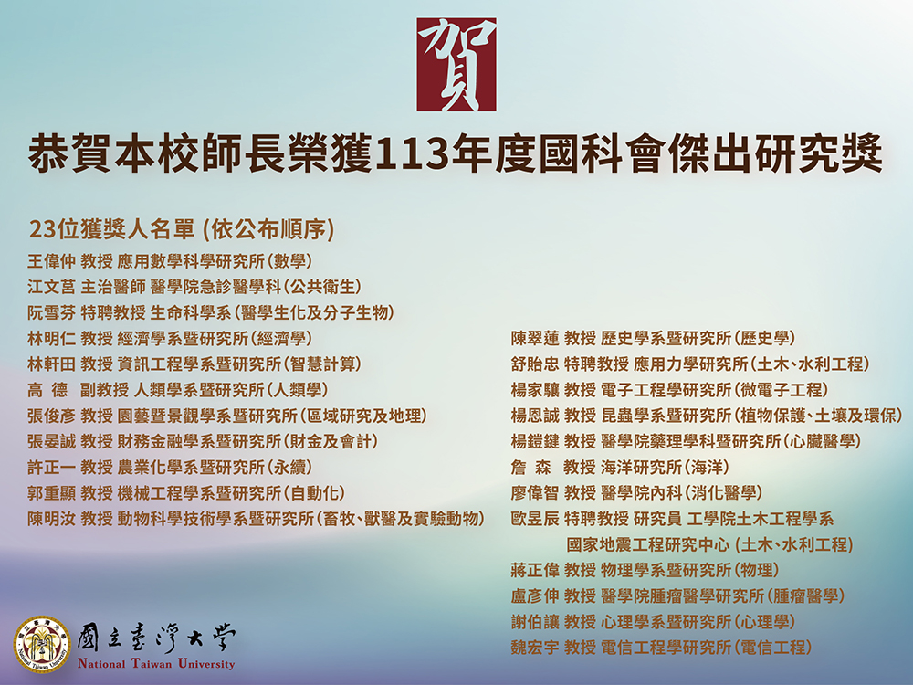 恭賀臺大師長榮獲113年度國科會傑出研究獎-封面圖